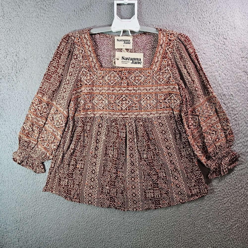NEW Savanna Jane Embroidered Top Blouse Women Small Geometric Maroon Beige - Picture 1 of 9